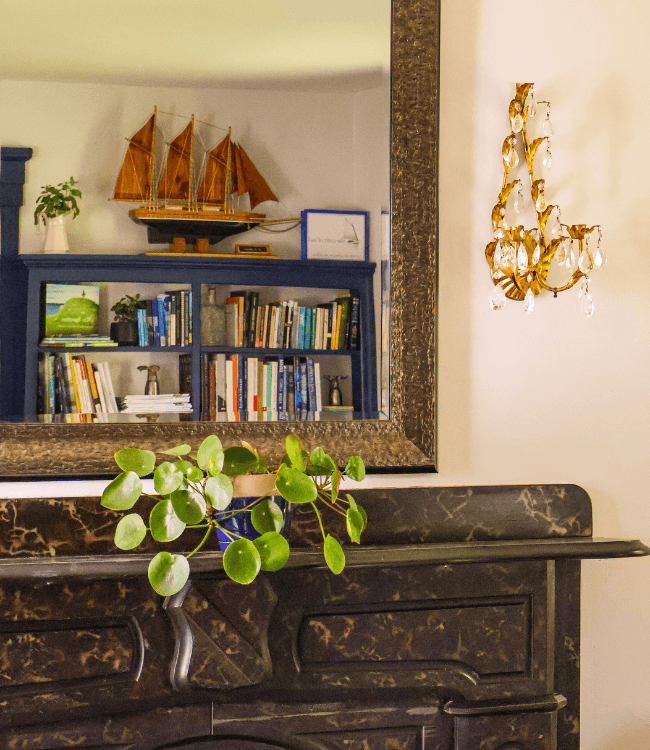 A decorative fireplace with a plant, mirrored wall, bookshelf, and a model ship displayed above.
