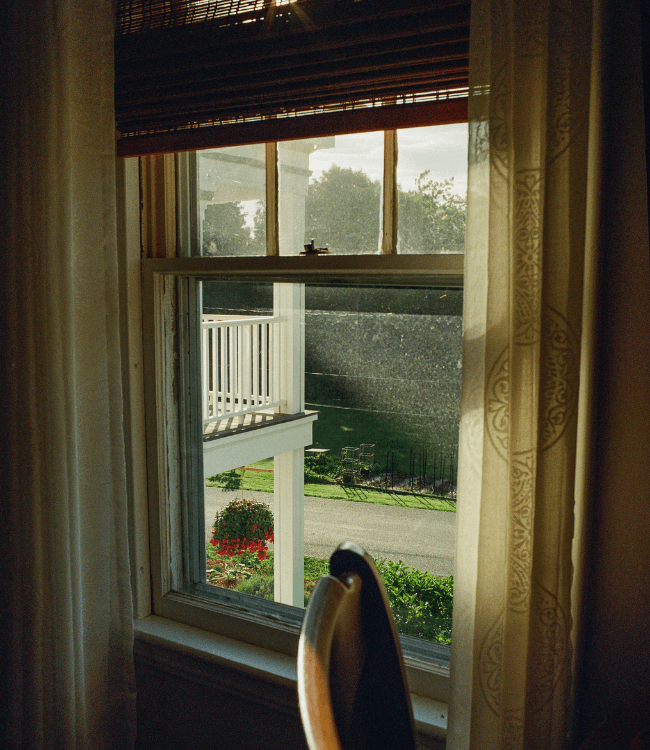 A view through a window featuring sheer curtains, a porch, and a landscaped garden.