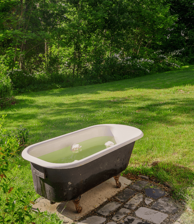 A vintage bathtub sits on a stone path amidst lush green grass and trees.
