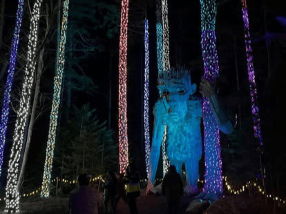 A large, illuminated wooden sculpture stands among brightly lit trees in a dark forest.