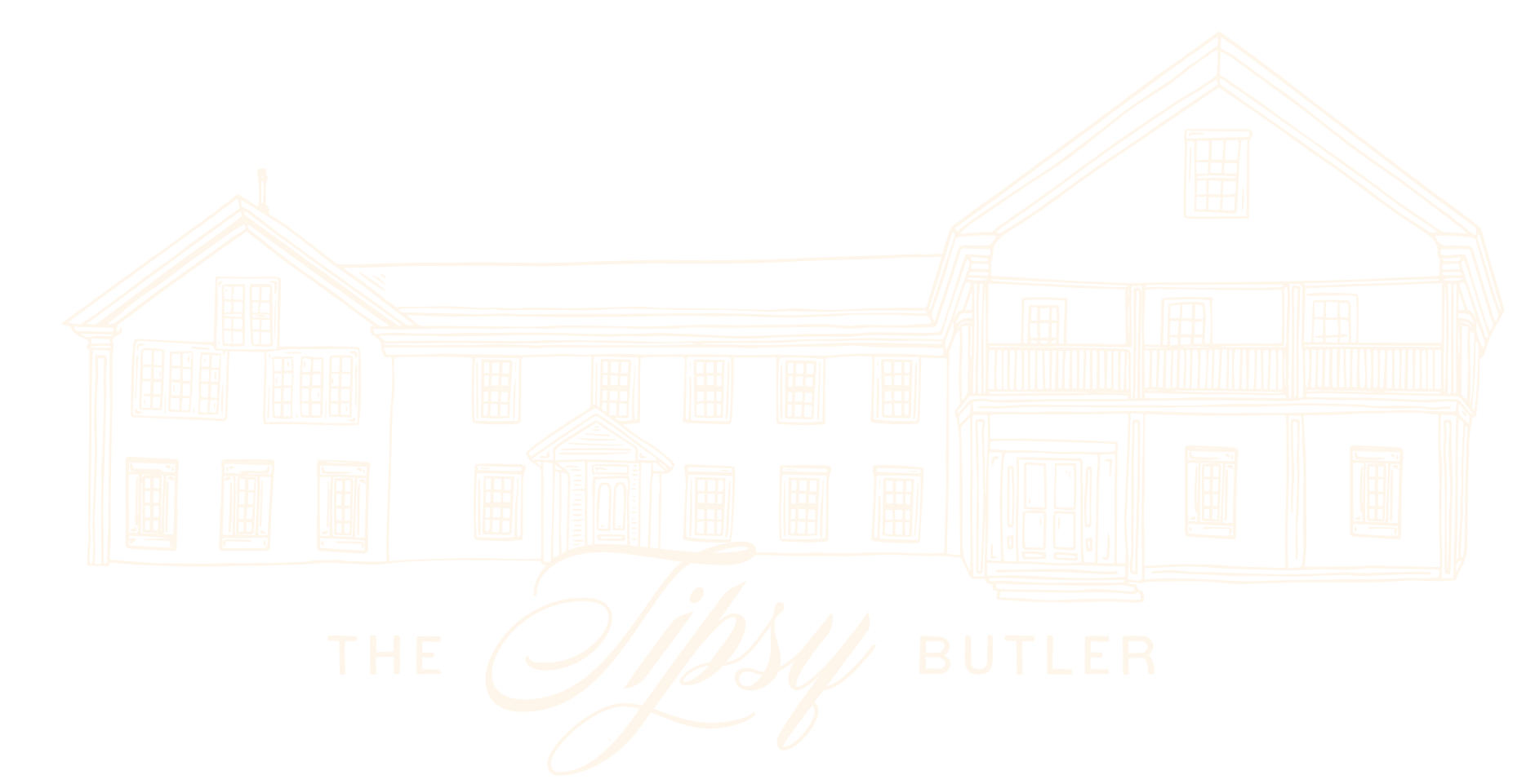 Outline illustration of a large building with text "The Tipsy Butler" in a decorative font.
