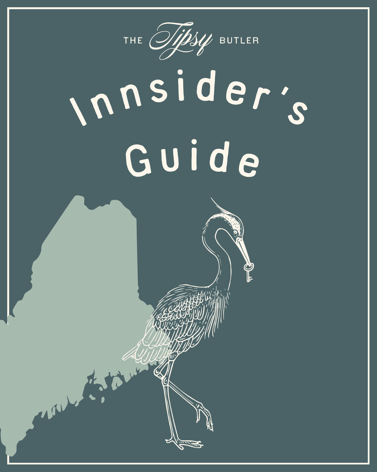 Cover of "The Tipsy Butler Innkeeper's Guide," featuring an illustrated heron holding a key against a blue-green background.
